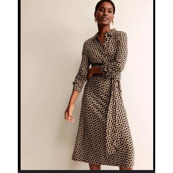 Boden Black Tan Chain Printed Laura Midi Jersey Knit Shirt Dress Size US 2R - Picture 2 of 8